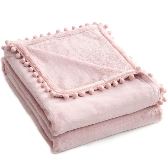 Petal Pink Soft Velvety Velour Pom Pom Blush Throw Blanket Boho Chair Cover - Picture 3 of 6